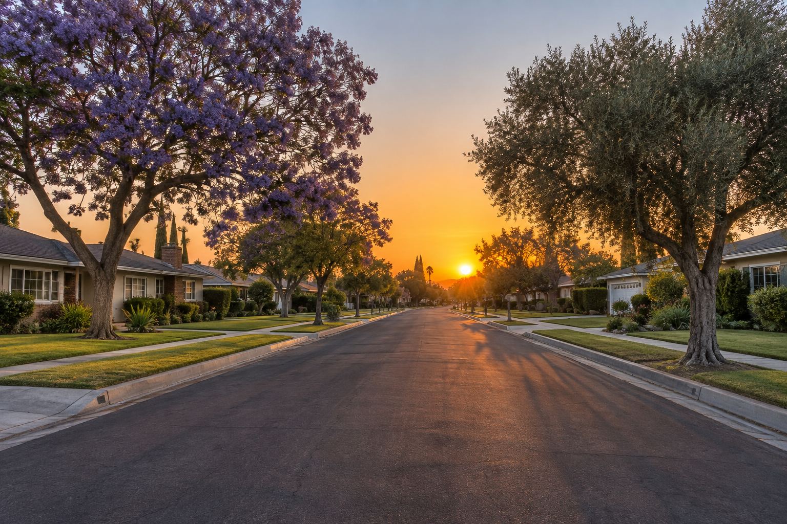 A Encino residential street at sunset, illustrative