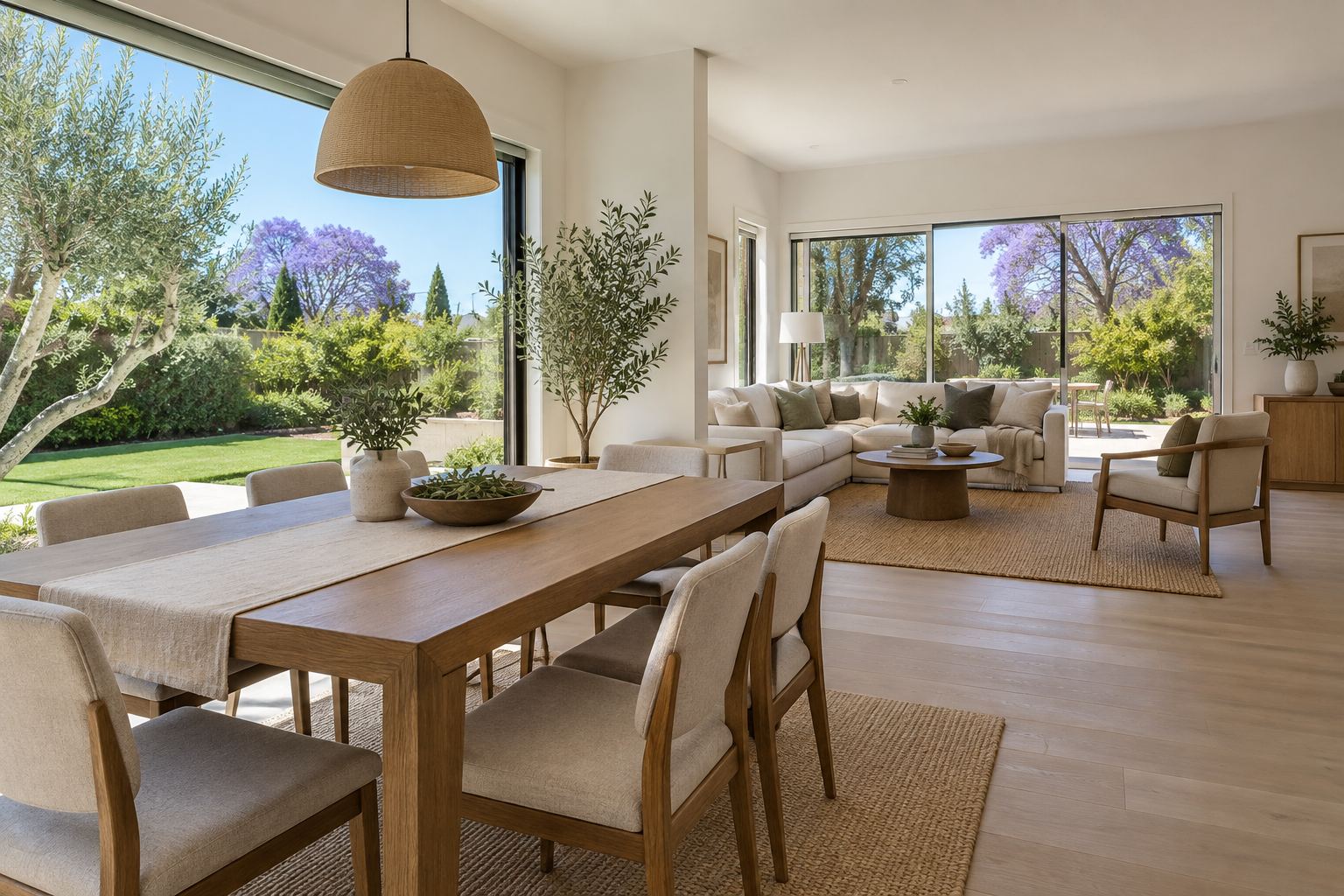 A bright California living room, illustrative
